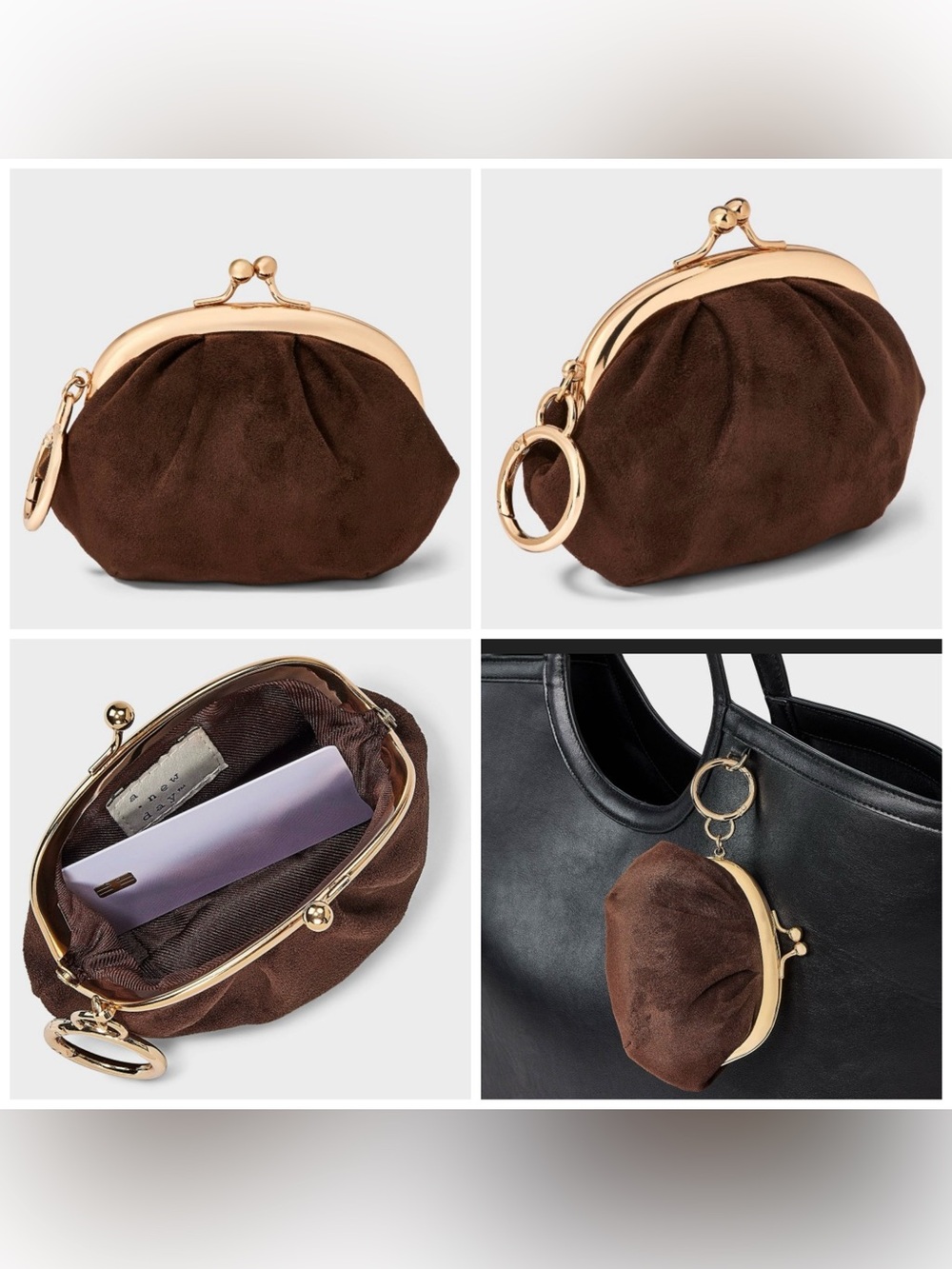 A New Day Mini Kiss Lock Pouch Bag Charm Brown Faux Suede Coin Purse Keychain